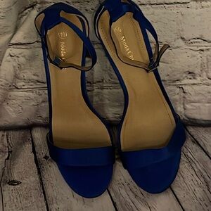 Blue Satin “Moda Chics” size 10.  2 straps. Ankle strap closure.